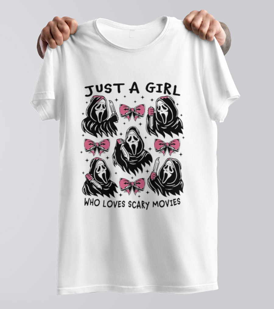 Just A Girl Who Loves Scary Movies Ghost Face Pink Bow T-Shirt