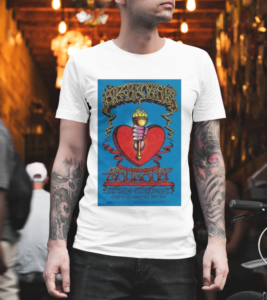 Big Brother The Holding Company Blue Background Red Heart And Torch Iconic Psychedelic T-Shirt