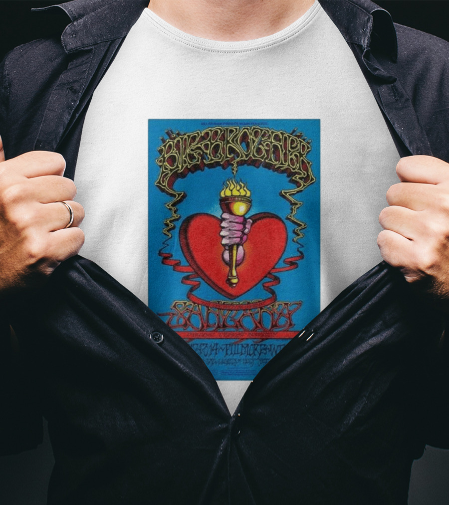 Big Brother The Holding Company Blue Background Red Heart And Torch Iconic Psychedelic T-Shirt