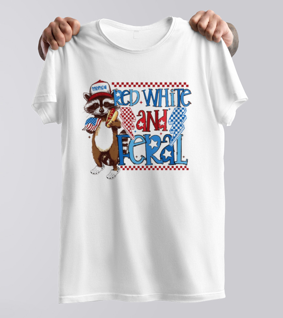 Red White And Feral Raccoon Hot Dog Patriotic 4th Of July Celebration T-Shirt