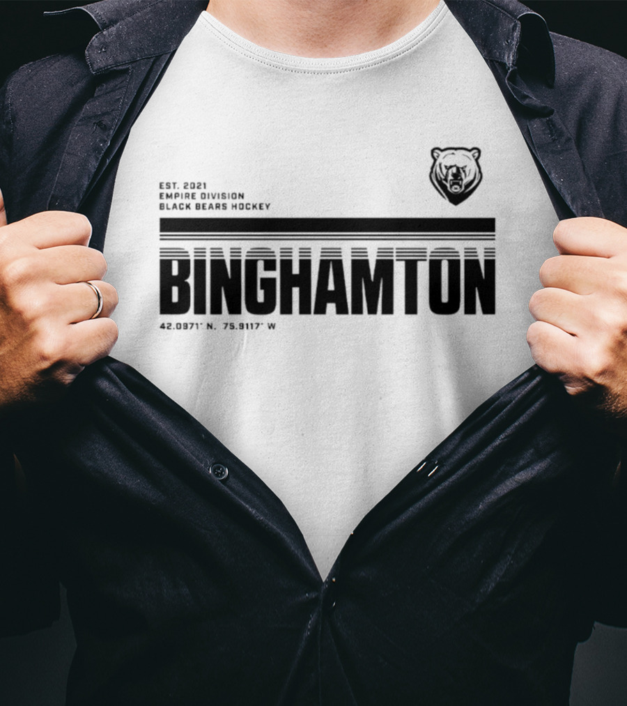 Binghamton Empire Division Black Bears Hockey Est. 2021 Coordinates 42.0987° N, 75.9117° W T-Shirt