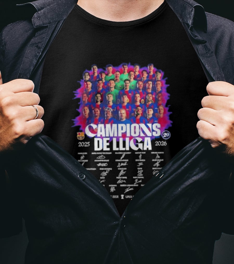 Barcelona FC Campions De Lliga 2025 2026 Signatures Una Manera De Ser T-Shirt