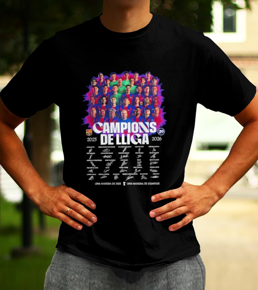 Barcelona FC Campions De Lliga 2025 2026 Signatures Una Manera De Ser T-Shirt