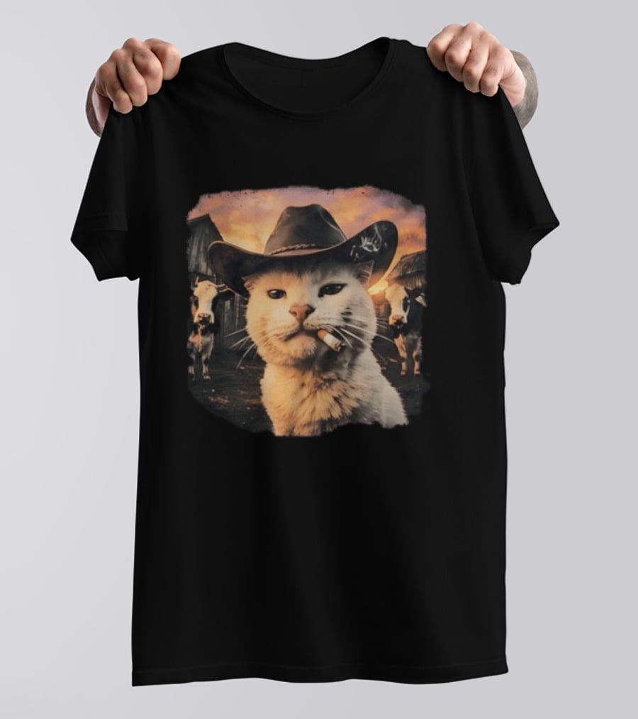 Cowboy Cat Smoking Cigarette In Rustic Barnyard Scene With Cows T-Shirt