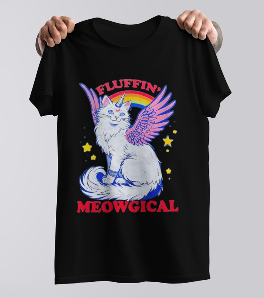 Fluffin' Meowgical Winged Unicorn Cat Rainbow Stars T-Shirt