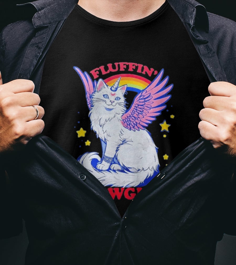 Fluffin' Meowgical Winged Unicorn Cat Rainbow Stars T-Shirt