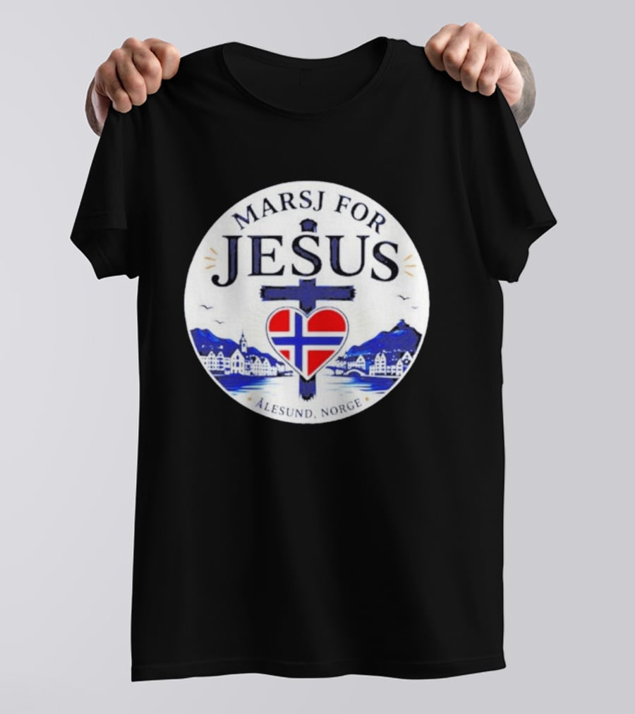 Marsj For Jesus Ålesund Norge Heart And Cross With Norwegian Flag T-Shirt