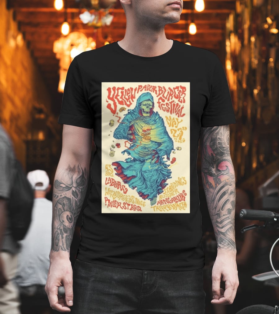 Yellow Paper Burger Festival May 23rd 2026 A's BBQ La Burg Standing's Butcher Taylor Burger River St BBQ Hamburgers Nice T-Shirt