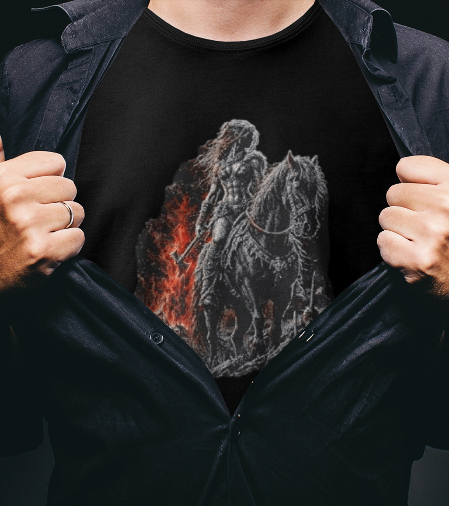 Barbarian Woman Dark Fantasy Warrior On Horseback With Axe And Fire T-Shirt