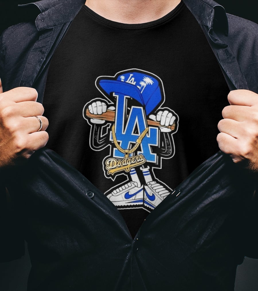 LA Dodgers Palm Trees Gold Chain With Blue Hat And Sneakers T-Shirt
