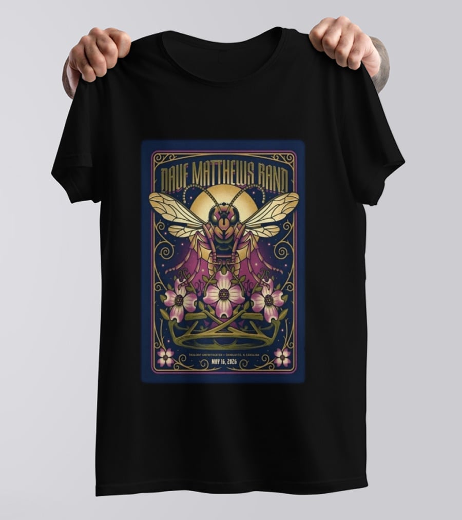 Dave Matthews Band Concert Charlotte NC May 16 2026 Truant Amphitheater Art Deco Inspired Honeybee And Flowers T-Shirt