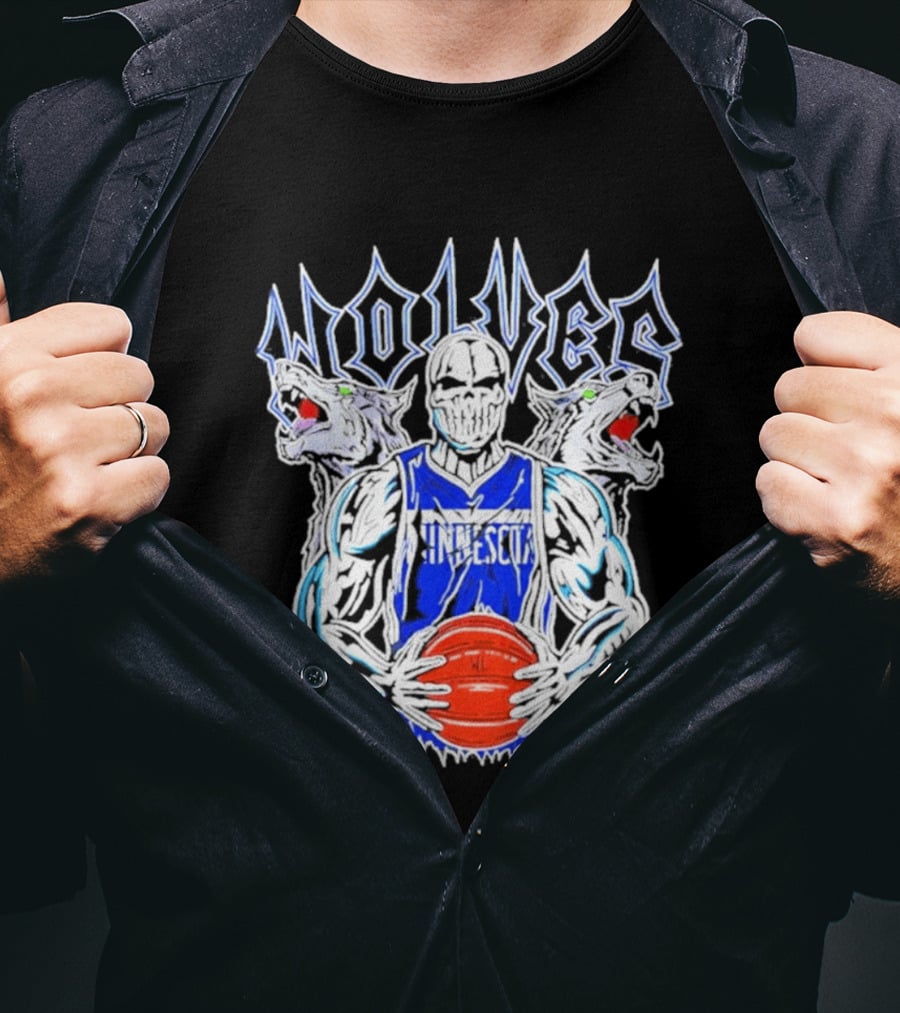 Wolves Minnesota Basketball Skeleton Player With Wolf Heads T-Shirt