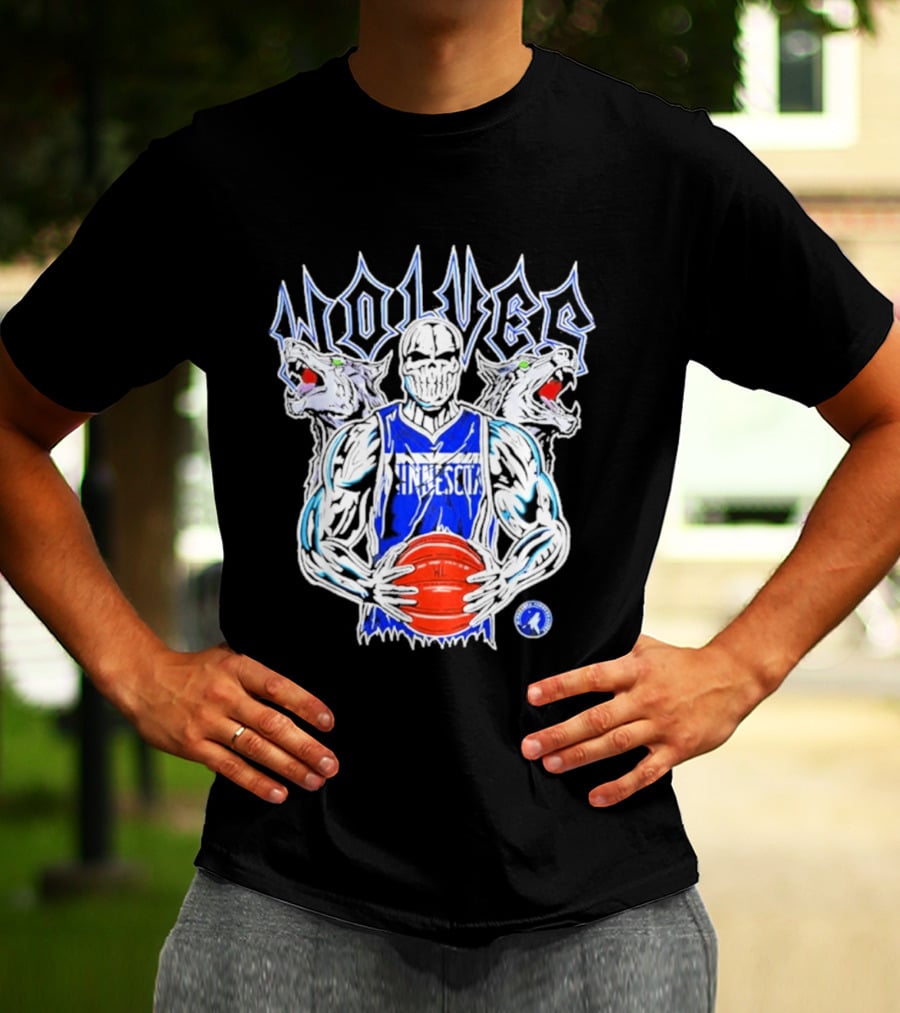 Wolves Minnesota Basketball Skeleton Player With Wolf Heads T-Shirt