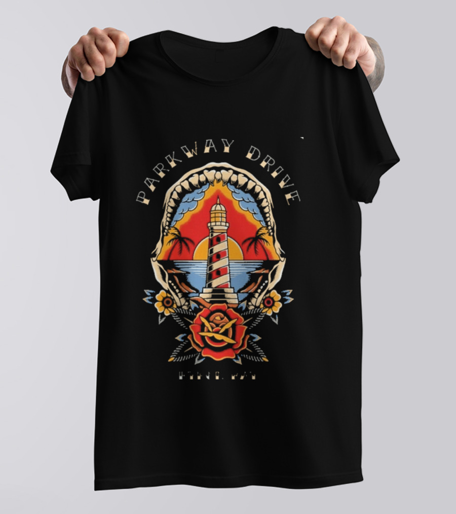 Parkway Drive Welcome To Rockville 2026 The Lighthouse Shark Jaw Rose Ocean Sunset T-Shirt
