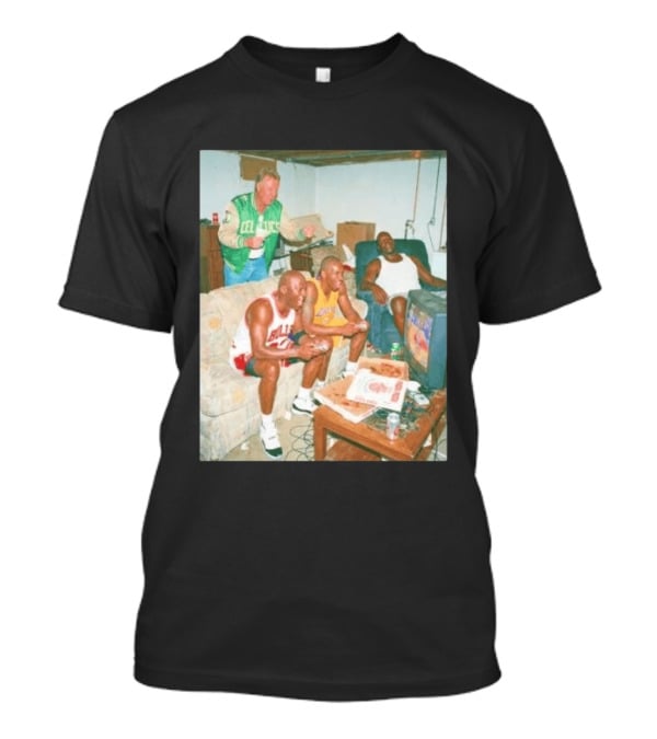 {"title":"Larry Bird Celtics Jacket Ing Michael Jordan Kobe Bryant Playing Video Game On Couch"} T-Shirt
