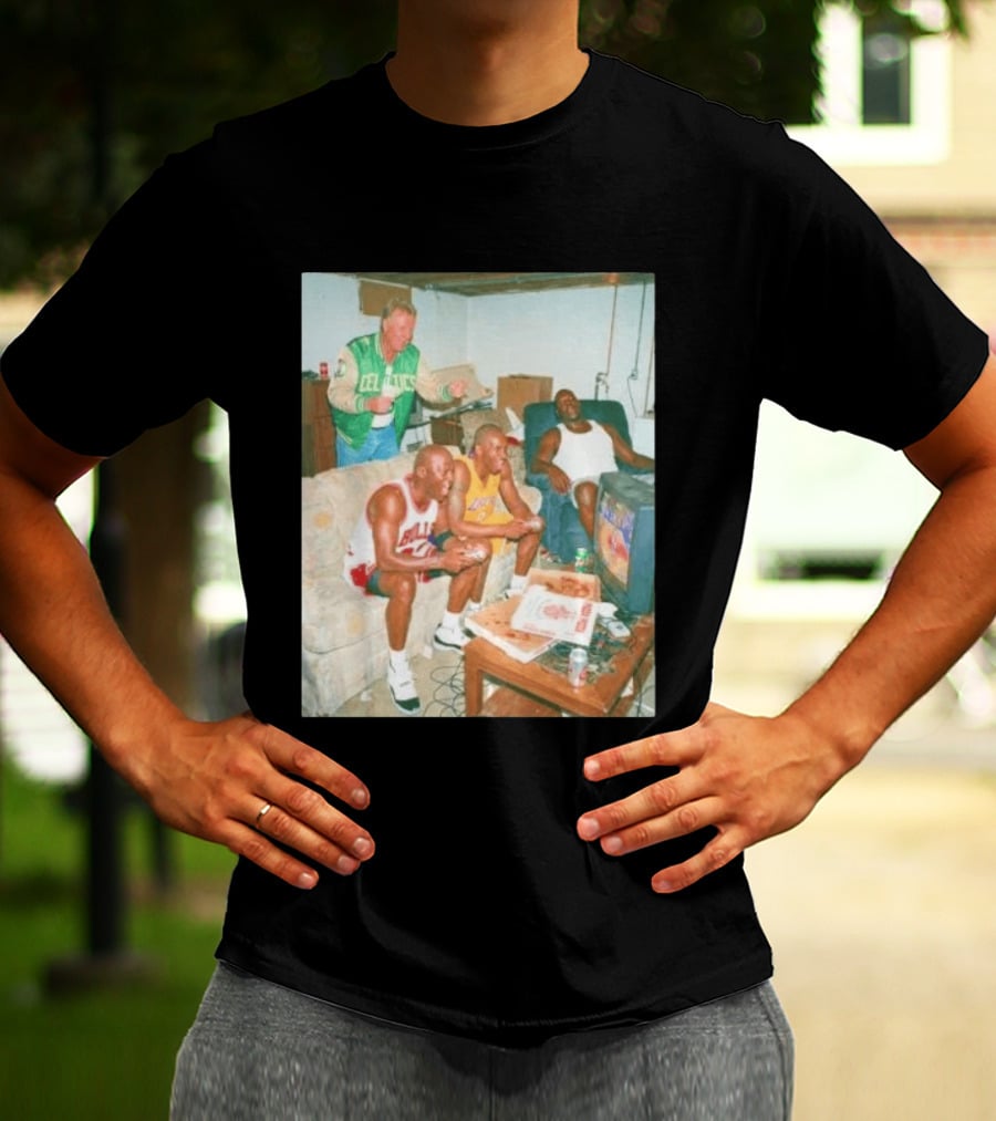 {"title":"Larry Bird Celtics Jacket Ing Michael Jordan Kobe Bryant Playing Video Game On Couch"} T-Shirt
