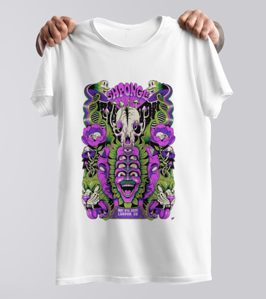 Shpongle May 9th 2026 London UK Psychedelic Imagery Skeletons And Flowers T-Shirt