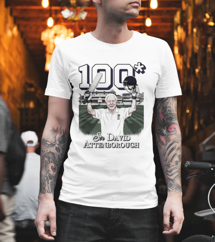 Sir David Attenborough 100 Celebration Cricket Bat And Helmet Raised T-Shirt