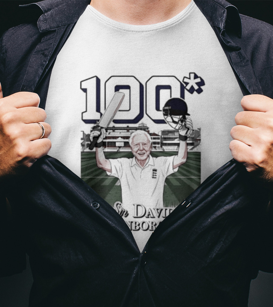 Sir David Attenborough 100 Celebration Cricket Bat And Helmet Raised T-Shirt