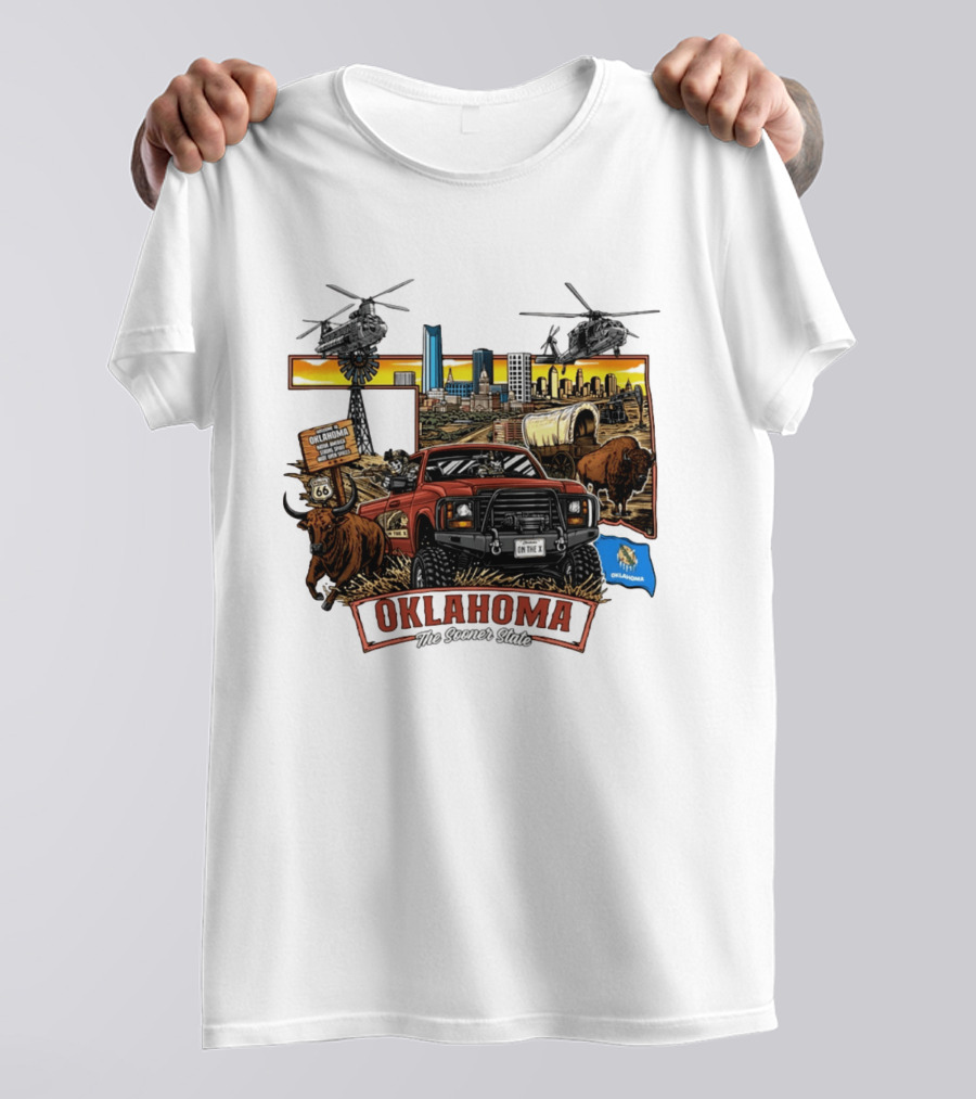 Oklahoma The Sooner State Route 66 Buffalo Cityscape Helicopters T-Shirt