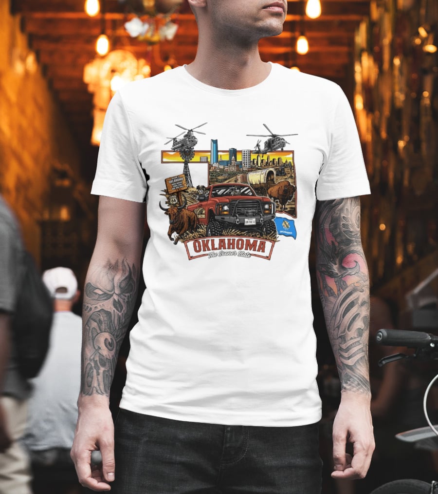 Oklahoma The Sooner State Route 66 Buffalo Cityscape Helicopters T-Shirt