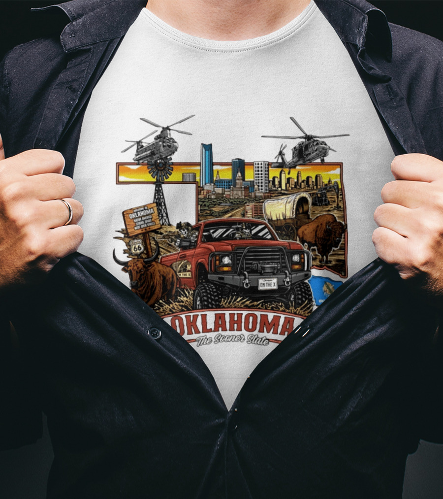 Oklahoma The Sooner State Route 66 Buffalo Cityscape Helicopters T-Shirt