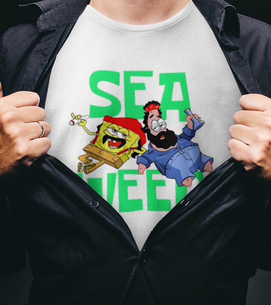 Sea Weed Sponge And Bearded Duo Cartoon Characters T-Shirt