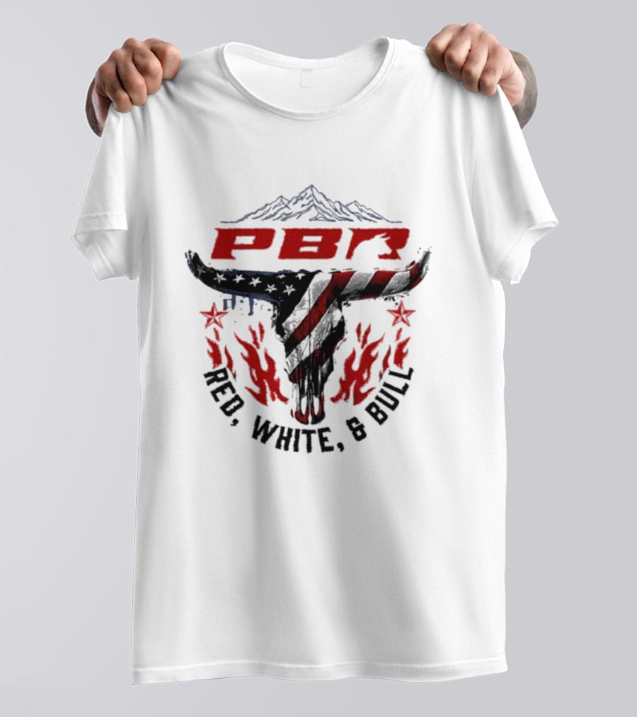 PBR Red White And Bull Mountain Skull Stars And Flames T-Shirt
