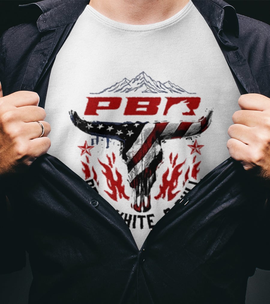 PBR Red White And Bull Mountain Skull Stars And Flames T-Shirt