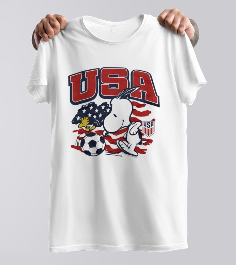 USA Soccer Snoopy And Woodstock Peanuts Characters With American Flag T-Shirt
