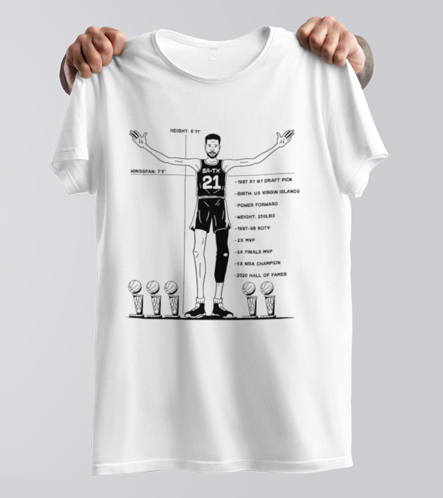 Spurs Tim Duncan 1997 R1 #1 Draft Pick Power Forward 1997 98 ROTY Virgin Islands 2003 Hall Of Fame 15x NBA All Star 2x NBA MVP 5x NBA Champion T-Shirt