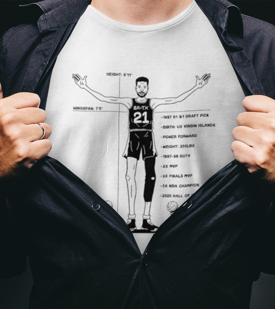 Spurs Tim Duncan 1997 R1 #1 Draft Pick Power Forward 1997 98 ROTY Virgin Islands 2003 Hall Of Fame 15x NBA All Star 2x NBA MVP 5x NBA Champion T-Shirt