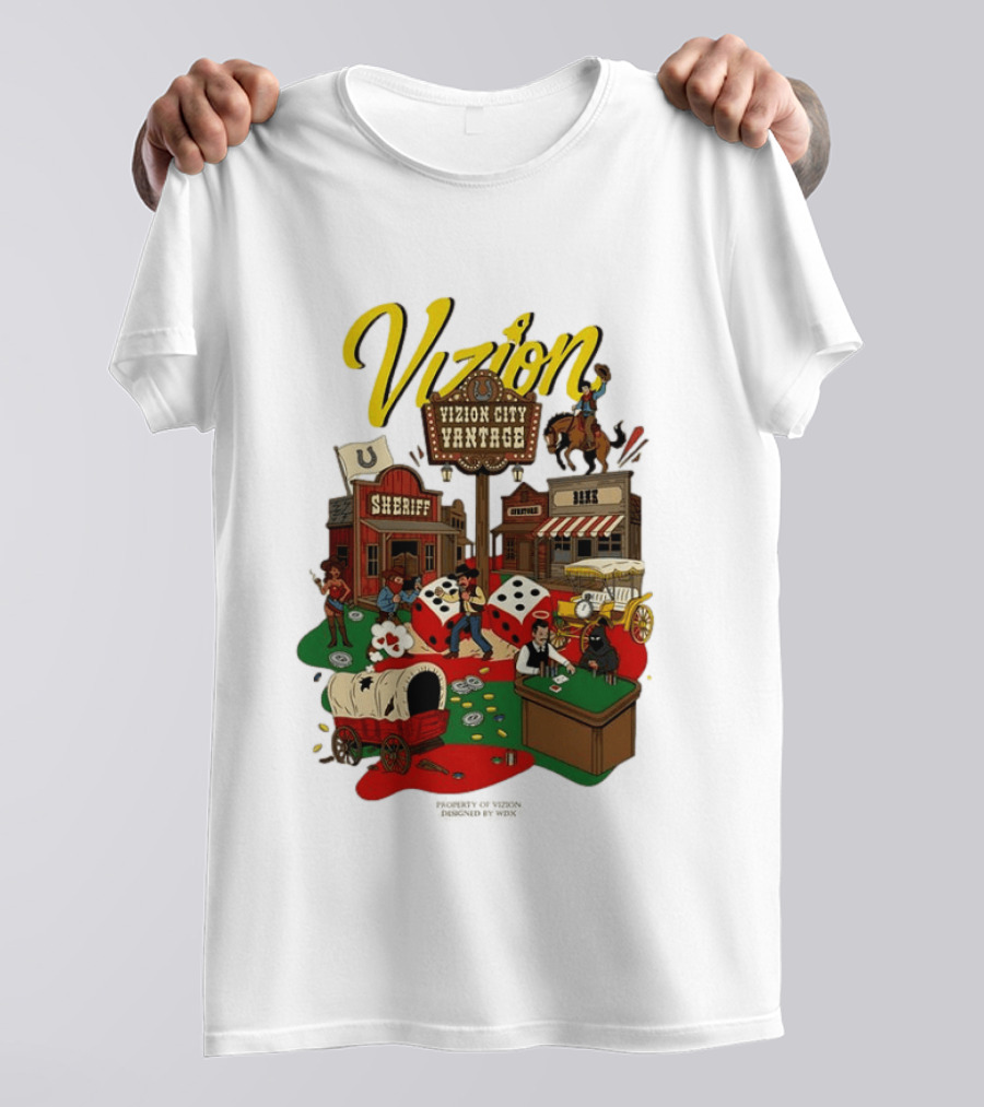 Vizion City Vantage Wild West Cowboy Town Dice Saloon Sheriff Wagon Horse T-Shirt