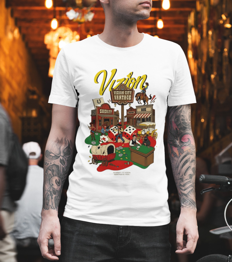 Vizion City Vantage Wild West Cowboy Town Dice Saloon Sheriff Wagon Horse T-Shirt