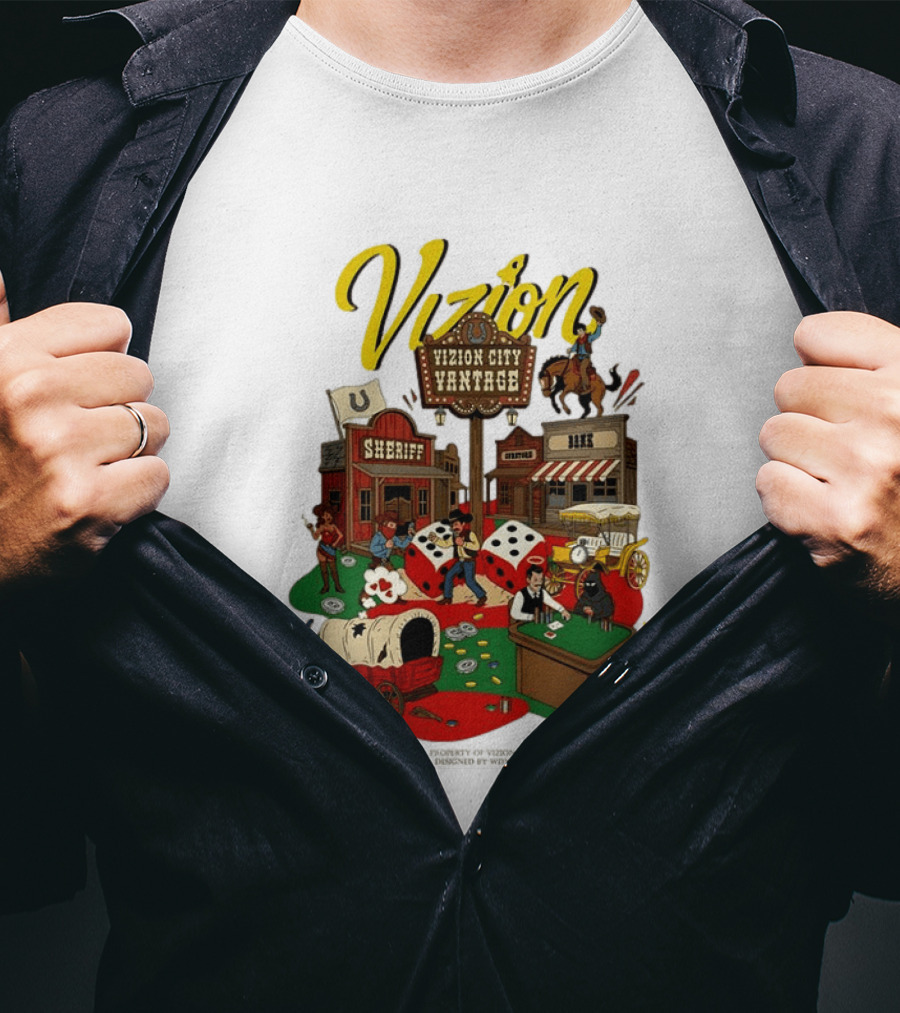 Vizion City Vantage Wild West Cowboy Town Dice Saloon Sheriff Wagon Horse T-Shirt