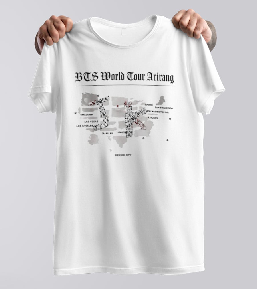 BTS World Tour Arirang JK 2026 Map Featuring Stanford Los Angeles Hollywood Dallas Chicago Miami T-Shirt