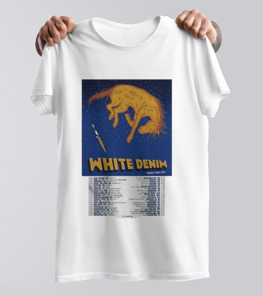 White Denim World Tour 2026 Tour Dates And Cities With Starry Night Horse Scene T-Shirt