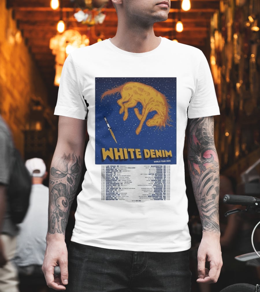 White Denim World Tour 2026 Tour Dates And Cities With Starry Night Horse Scene T-Shirt