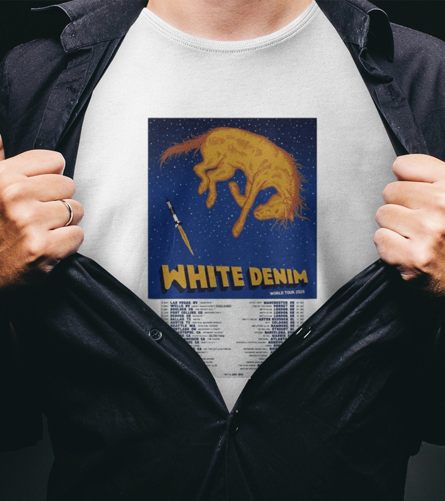 White Denim World Tour 2026 Tour Dates And Cities With Starry Night Horse Scene T-Shirt