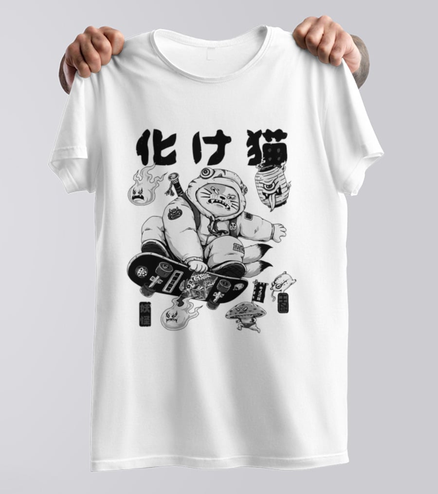 Bakeneko Gang Skateboarding Cat Demon Kanji T-Shirt