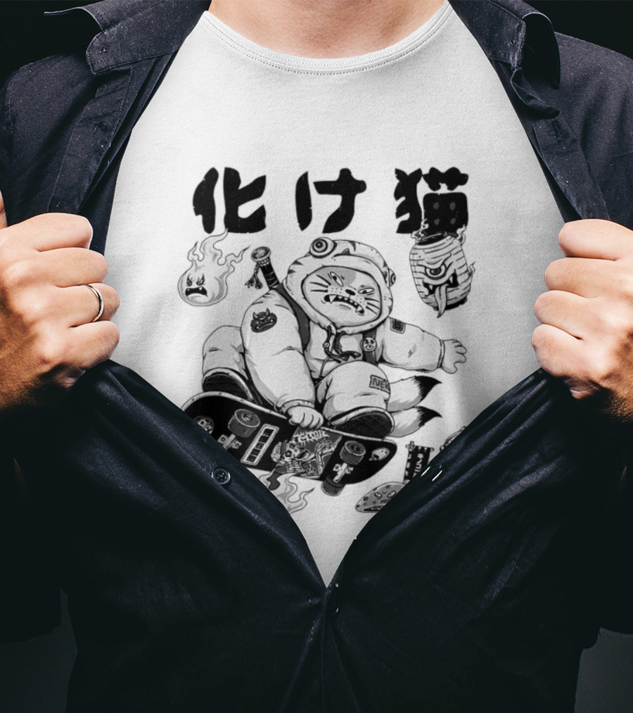 Bakeneko Gang Skateboarding Cat Demon Kanji T-Shirt