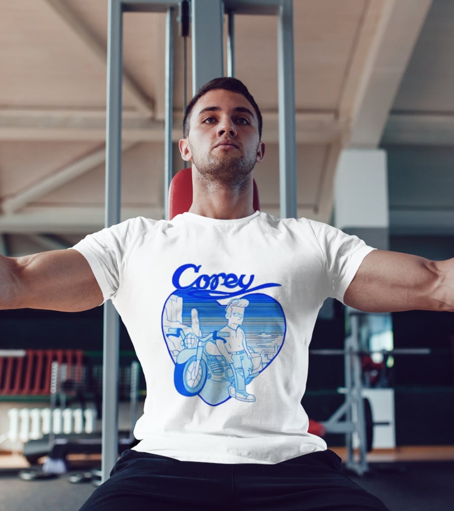 Corey Simpson Motorcycle In Heart Retro Cartoon Style With Blue Desert T-Shirt