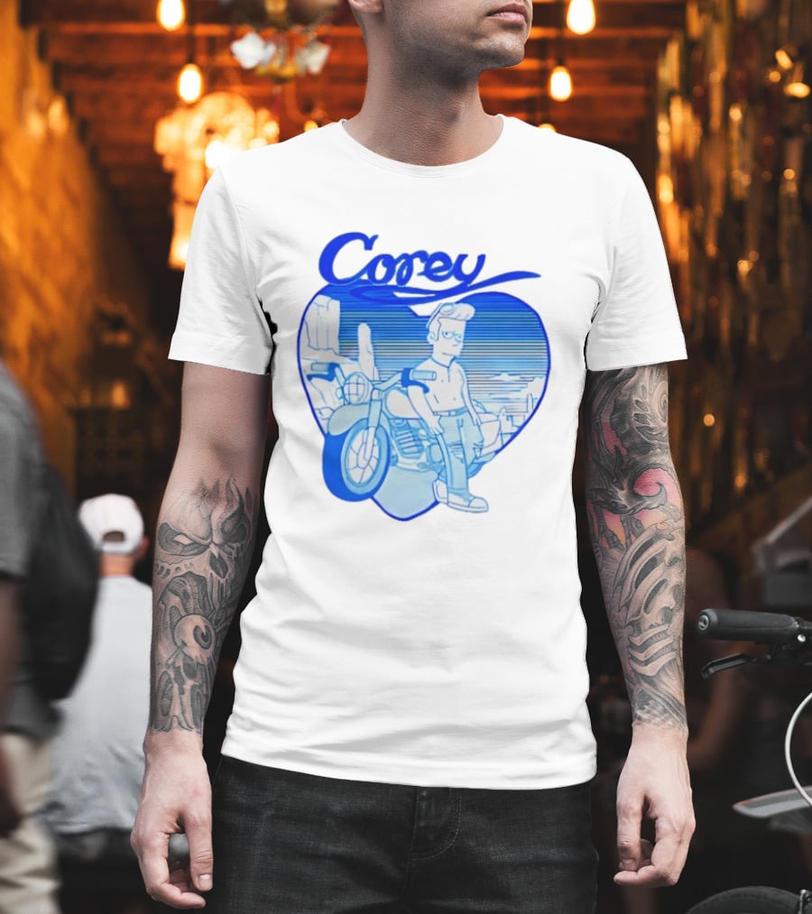 Corey Simpson Motorcycle In Heart Retro Cartoon Style With Blue Desert T-Shirt