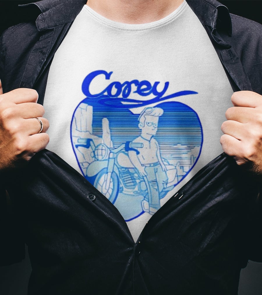 Corey Simpson Motorcycle In Heart Retro Cartoon Style With Blue Desert T-Shirt
