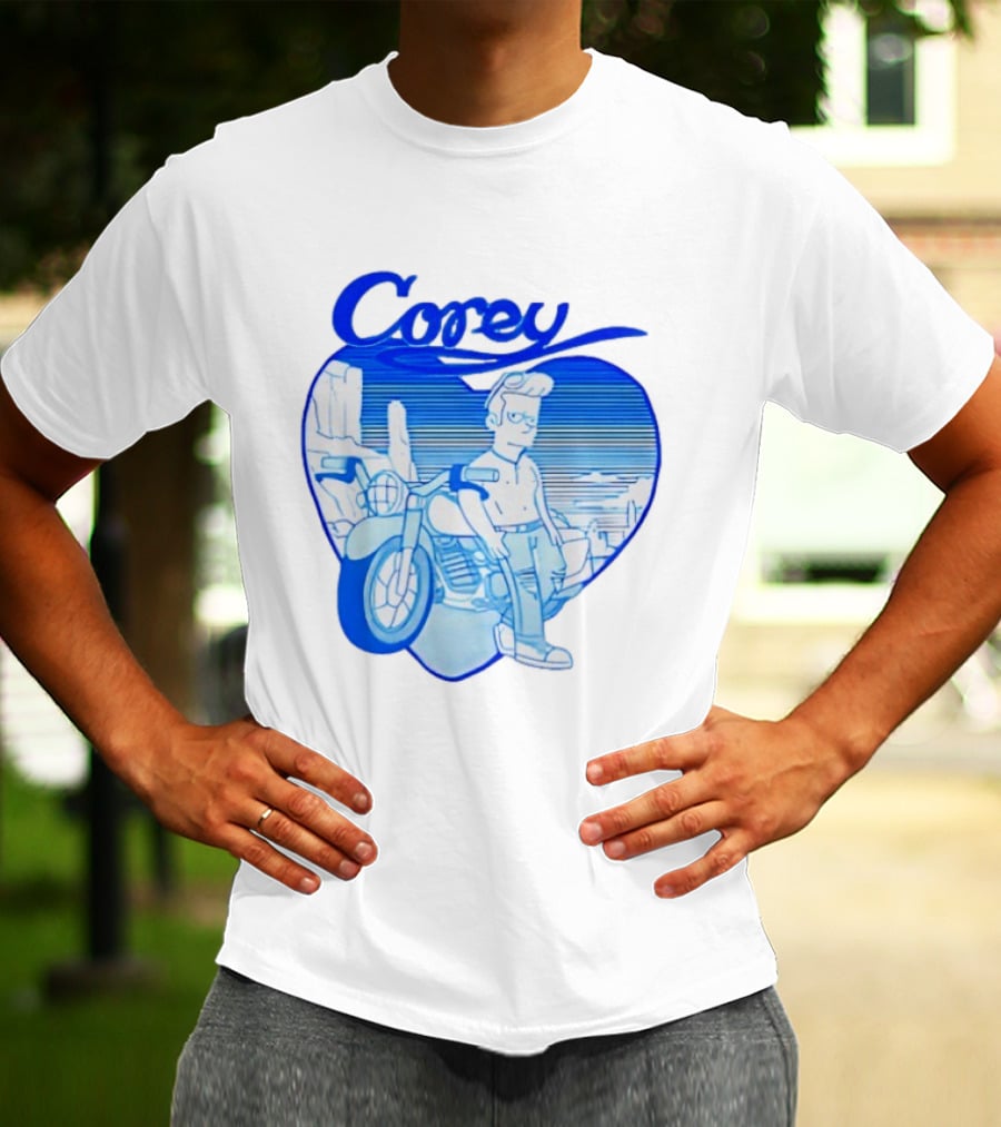 Corey Simpson Motorcycle In Heart Retro Cartoon Style With Blue Desert T-Shirt