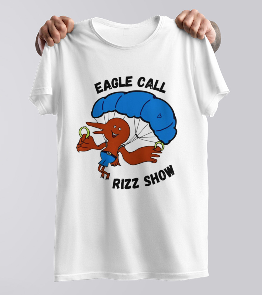 Eagle Call Rizz Show Parachuting Bird Character With Blue Canopy T-Shirt