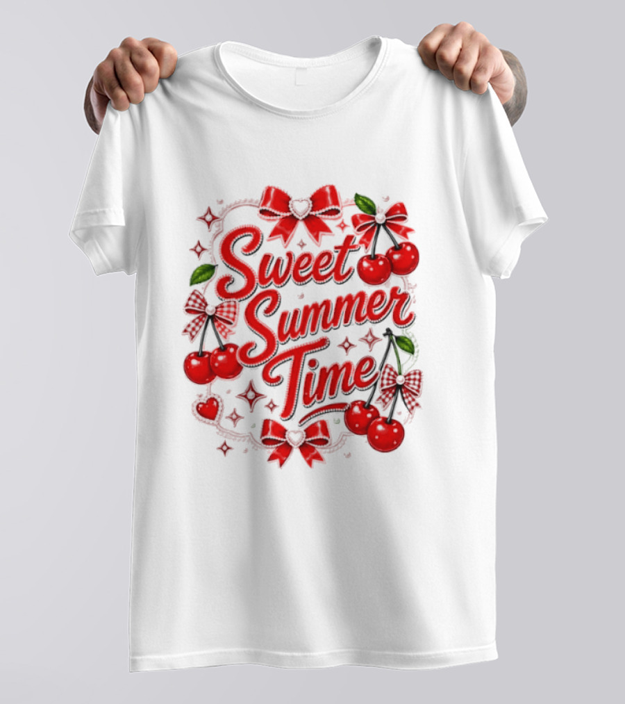 Sweet Summer Time Cherry Pearl Ribbon Hearts Bows T-Shirt