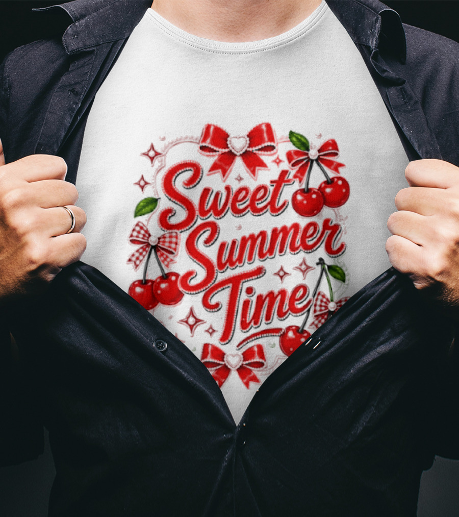 Sweet Summer Time Cherry Pearl Ribbon Hearts Bows T-Shirt
