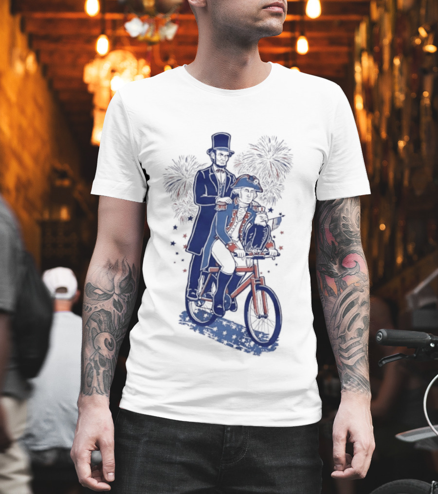 Abraham Lincoln George Washington Eagle Bicycle Fireworks Celebration T-Shirt