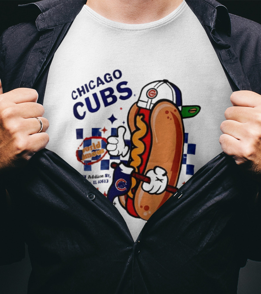 Chicago Cubs World Famous 1060 Addison St Hot Dog Wrigley Field Baseball Fan T-Shirt